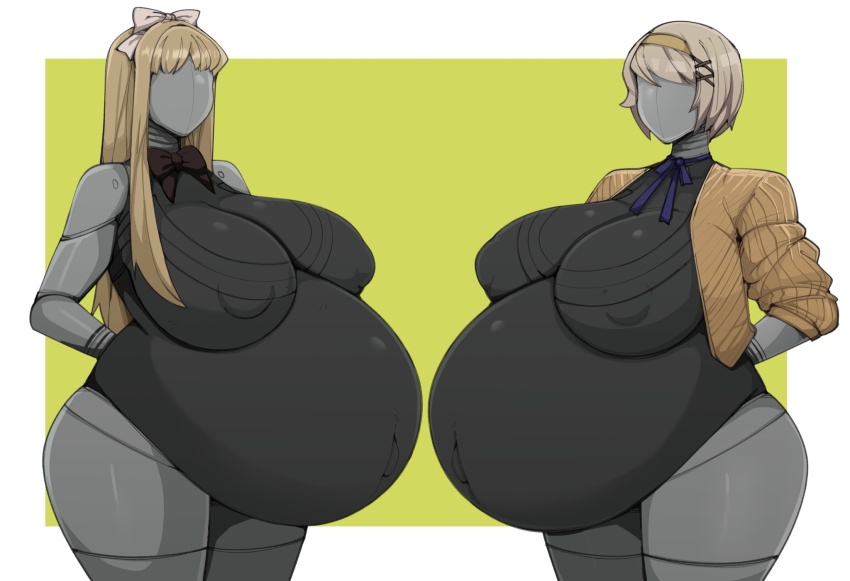 2girls atomic_heart axis_powers_hetalia belarus_(hetalia) blonde_hair border breasts crossover faceless faceless_female female_focus green_background hair_ornament highres huge_breasts long_hair multiple_girls navel nipples no_humans pregnant robot robot_girl shiny_skin short_hair siblings sisters standing the_twins_(atomic_heart) thick_thighs thighs ukraine_(hetalia) white_border wide_hips x_hair_ornament zeruxu