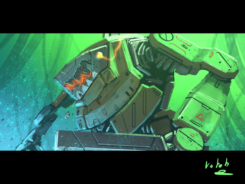 battle bottoms1237 commentary_request damaged debris highres lens_flare letterboxed lights machinery mecha no_humans nose_art original robot science_fiction shark_nose_art signature sword upper_body weapon