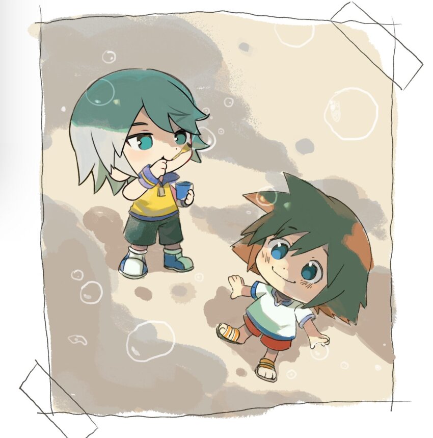 2boys aqua_eyes beach black_shorts blowing_bubbles blue_eyes boots border brown_hair child grey_hair hair_between_eyes highres kingdom_hearts kingdom_hearts_3d:_dream_drop_distance light_blush male_focus multiple_boys neku_646611 outstretched_arms photo_(object) red_shorts riku_(kingdom_hearts) sand sandals shirt short_hair short_sleeves shorts sleeveless sleeveless_shirt sora_(kingdom_hearts) spiked_hair tape white_border white_shirt wristband yellow_shirt