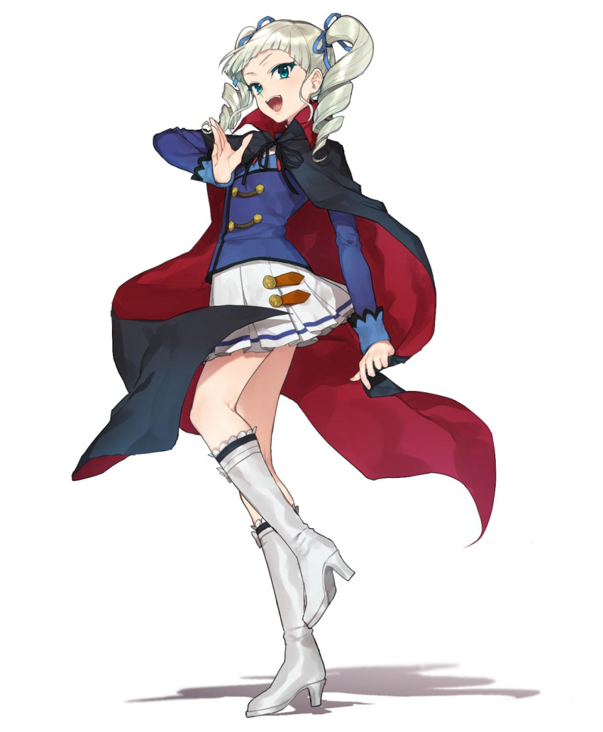 1girl :d aikatsu! aikatsu!_(series) black_cape blue_jacket blue_ribbon blunt_bangs boots cape commentary_request drill_hair foot_up full_body green_eyes grey_hair hair_ribbon hands_up high_heel_boots high_heels highres hitoto jacket knee_boots long_sleeves looking_at_viewer medium_hair open_mouth pleated_skirt red_cape ribbon shadow simple_background skirt smile solo standing teeth todo_yurika twin_drills two-sided_cape two-sided_fabric upper_teeth_only white_background white_boots white_skirt