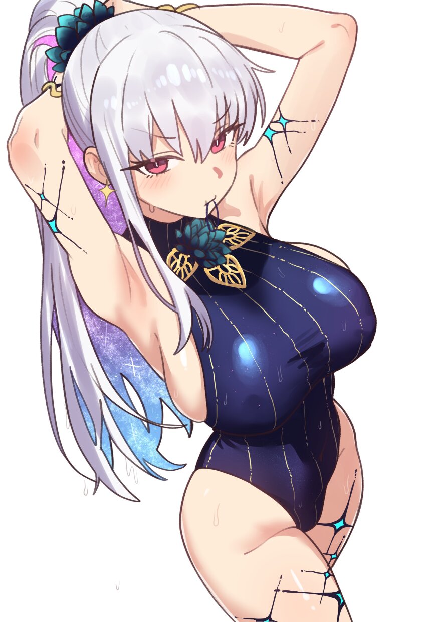 1girl absurdres armpits body_markings breasts earrings ebora fate/grand_order fate_(series) gradient_hair grey_hair hair_tie_in_mouth highleg highleg_one-piece_swimsuit highres jewelry kama_(fate) kama_(swimsuit_avenger)_(third_ascension)_(fate) large_breasts long_hair looking_at_viewer mouth_hold multicolored_hair one-piece_swimsuit ponytail red_eyes simple_background solo star_(symbol) star_earrings swimsuit tying_hair wet wet_clothes wet_swimsuit