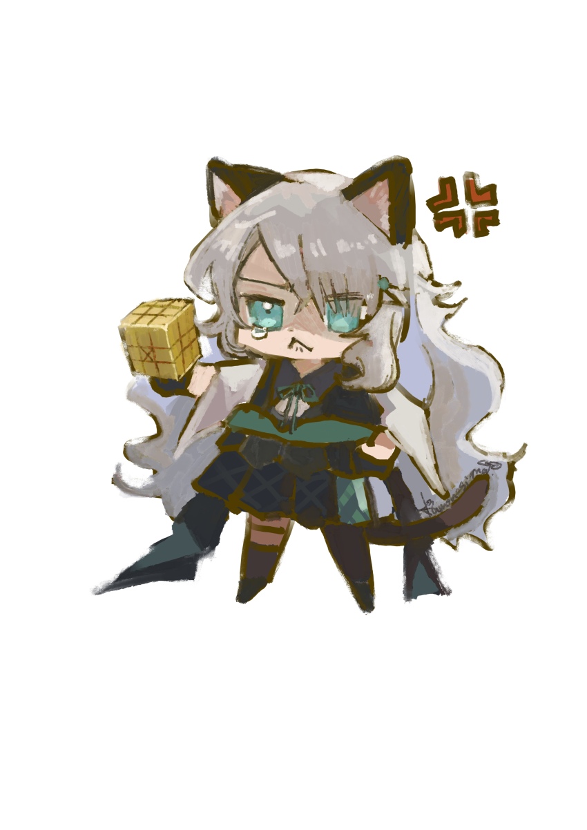 1girl :&lt; absurdres anger_vein animal_ears arknights black_footwear black_pantyhose black_shirt black_skirt black_socks blue_eyes cat_ears cat_girl cat_tail chibi closed_mouth cube full_body grey_hair hair_over_one_eye highres kamonoshima long_hair mint_(arknights) pantyhose pleated_skirt shirt simple_background single_leg_pantyhose single_sock skirt socks solo standing tail tears very_long_hair white_background
