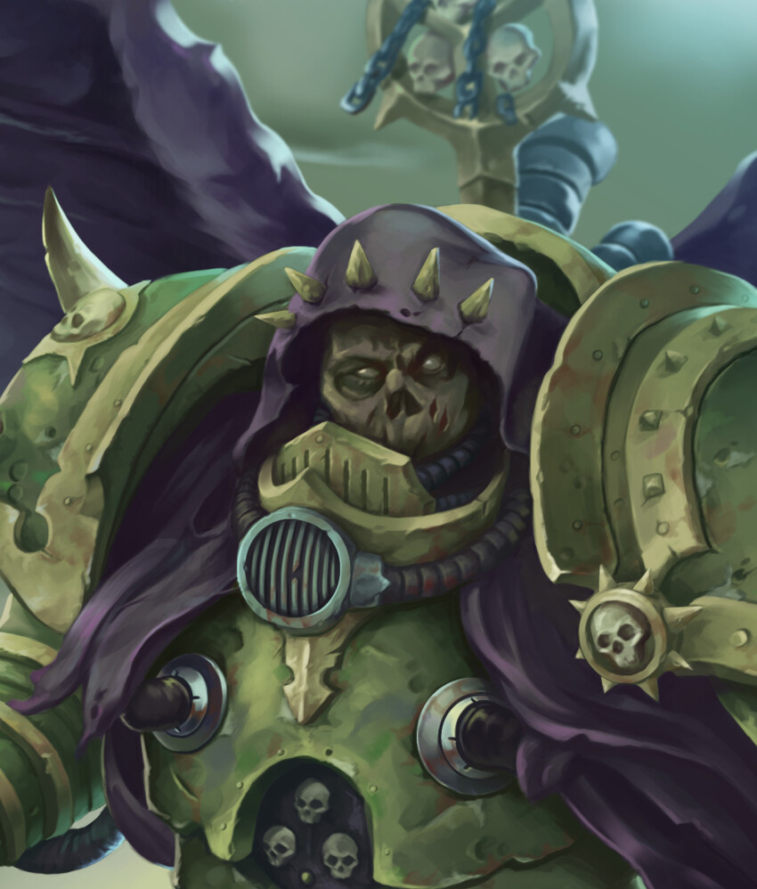 1boy armor breastplate cataracts chaos_(warhammer) close-up colored_skin commentary damaged damaged_skin death_guard decay decaying_skin demon_primarch disease english_commentary green_armor green_background green_skin grohgrog highres injury insect_wings making-of_available mask monster mortarion moth_wings no_nose nurgle plague_marine power_armor primarch purple_wings respirator shoulder_spikes skeletal_face skull skull_ornament spiked_hood spiked_pauldrons spikes upper_body warhammer_40k wings