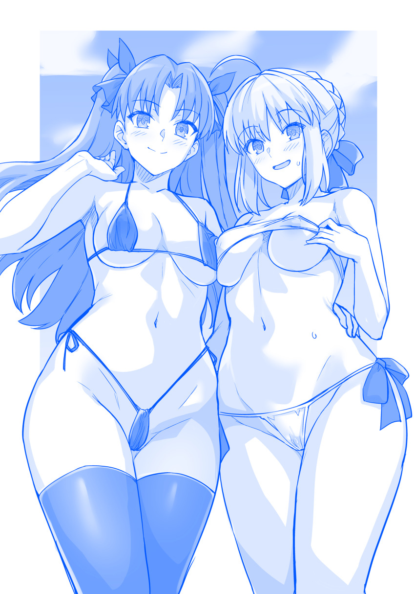 2girls :d absurdres artoria_pendragon_(fate) bikini blush braid breasts collarbone crown_braid fate/stay_night fate_(series) hair_ribbon haruhisky highres long_hair looking_at_viewer medium_breasts monochrome multiple_girls navel open_mouth ribbon saber_(fate) sidelocks smile standing stomach swimsuit thighs two_side_up very_long_hair white_bikini
