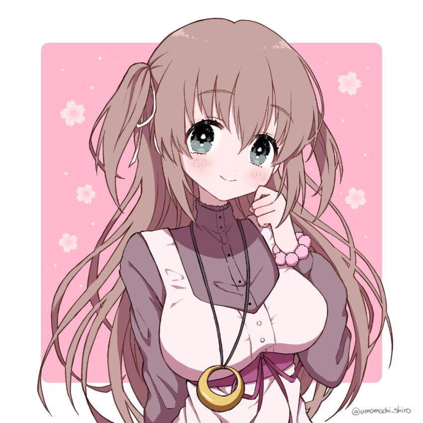 1girl border brown_hair brown_sweater buttons cherry_blossoms commentary crescent crescent_necklace dress green_eyes hair_between_eyes hair_ribbon highres jewelry long_hair long_sleeves looking_at_viewer nagayama_kana necklace pinafore_dress pink_sash ribbon sakura_no_toki sakura_no_uta sash scrunchie sleeveless sleeveless_dress smile solo sweater twitter_username two_side_up umamochi_shiro upper_body white_dress wrist_scrunchie