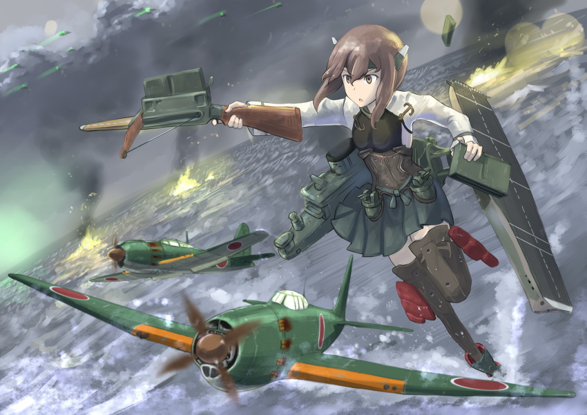 10s 1girl absurdres abyssal_ship aircraft airplane anti-aircraft anti-aircraft_gun armor battle blush bow_(weapon) brown_eyes brown_hair clip_(weapon) crossbow enemy_aircraft_(kancolle) erica_(naze1940) fire flat_chest flight_deck headband headgear highres holding holding_crossbow holding_weapon jet kantai_collection magazine_(weapon) military_vehicle ocean open_mouth personification pleated_skirt propeller_fighter short_hair skirt taihou_(kancolle) thighhighs weapon yokosuka_d4y