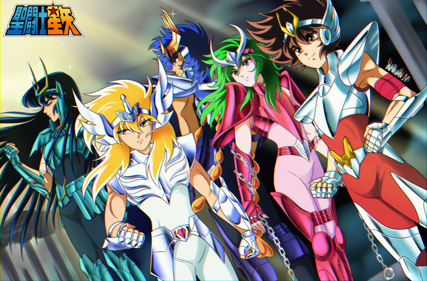 1980s_(style) 5boys absurdres andromeda_shun arm_at_side armor black_hair blonde_hair blue_hair breastplate brown_eyes brown_hair chain clenched_hands closed_eyes closed_mouth copyright_name cygnus_hyouga danmakuman dragon_shiryuu dutch_angle gauntlets green_eyes green_hair hand_up headpiece highres logo long_hair male_focus armored_boots multiple_boys official_style oldschool pauldrons pegasus_seiya phoenix_ikki retro_artstyle saint_seiya serious short_hair shoulder_armor signature smile standing