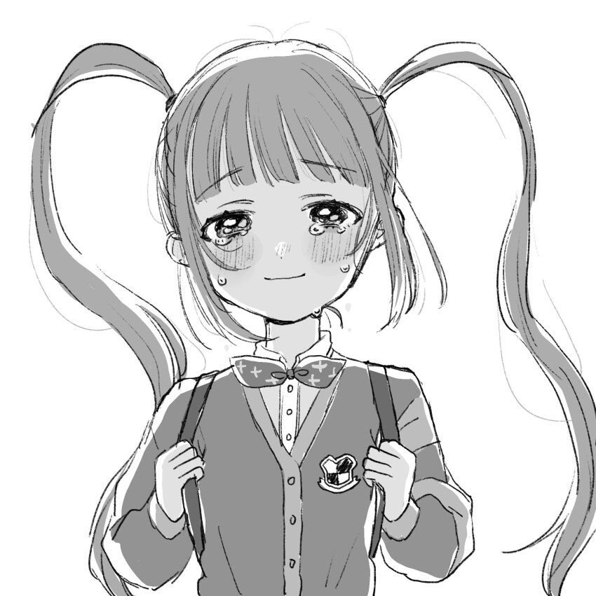 1girl bag blunt_bangs blush bow bowtie breasts cardigan closed_mouth collared_shirt crying dot_nose emblem greyscale highres holding_strap htnmanpp idolmaster idolmaster_million_live! idolmaster_million_live!_theater_days light_smile lone_nape_hair long_hair long_sleeves looking_at_viewer matsuda_arisa monochrome shirt sidelocks simple_background small_breasts solo striped_cardigan tearing_up tears twintails upper_body very_long_hair wavy_hair white_background