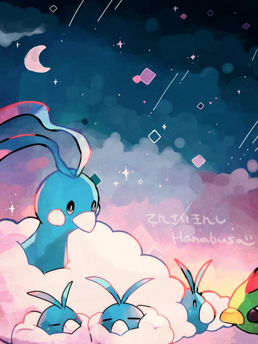 altaria animal_focus artist_name bird black_eyes blue_eyes bright_pupils closed_eyes cloud cloud_background cloudy_sky colored_lineart commentary_request crescent crescent_moon cuddling diamond_(shape) emoticon evolutionary_line eye_contact falling_star fluffy gen_2_pokemon gen_3_pokemon gradient_background hanabusaoekaki highres looking_at_another moon natu night nintendo no_humans pokemon pokemon_(creature) shooting_star sky sleeping star_(sky) swablu white_pupils