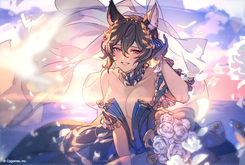1girl animal_ears bare_shoulders black_hair blue_dress blue_gloves blush breasts bridal_veil cleavage collarbone copyright_notice detached_collar dress dress_flower flower gloves granblue_fantasy hair_between_eyes hand_up head_wreath horizon ilsa_(formal)_(granblue_fantasy) ilsa_(granblue_fantasy) medium_breasts official_art open_mouth outdoors petals red_eyes short_hair smile solo strapless strapless_dress sunset tucking_hair veil