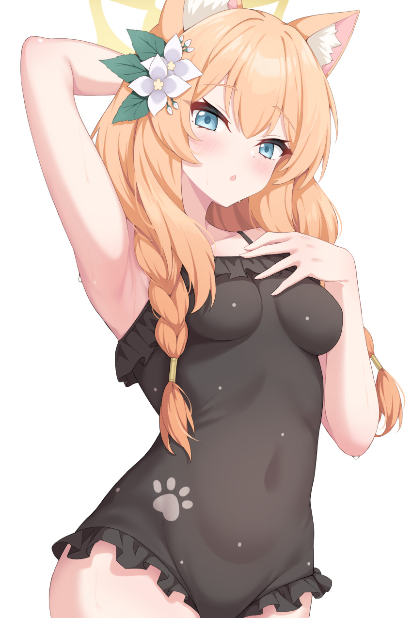 1girl absurdres animal_ear_fluff animal_ears armpits bare_arms bare_legs bare_shoulders black_one-piece_swimsuit blue_archive blue_eyes blush braid breasts cat_ears cowboy_shot enru flower hair_flower hair_ornament halo highres long_hair looking_at_viewer mari_(blue_archive) mari_(swimsuit)_(blue_archive) official_alternate_costume one-piece_swimsuit open_mouth orange_hair simple_background single_braid small_breasts solo swimsuit white_background white_flower yellow_halo