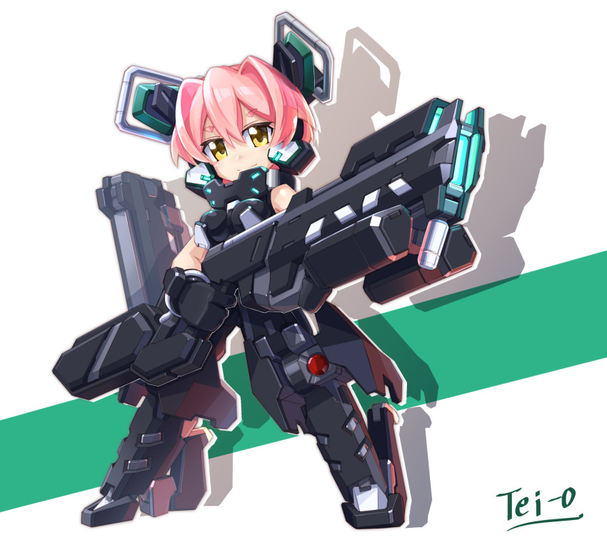 1girl armored_boots artist_name boots breasts brown_eyes chibi closed_mouth colored_shadow full_body gloves gun hair_between_eyes headgear highres holding holding_gun holding_weapon looking_at_viewer mecha_musume medium_breasts original pink_hair science_fiction shadow short_hair signature smile solo standing tei-o thick_eyebrows two-tone_background v-shaped_eyebrows weapon white_background yellow_eyes