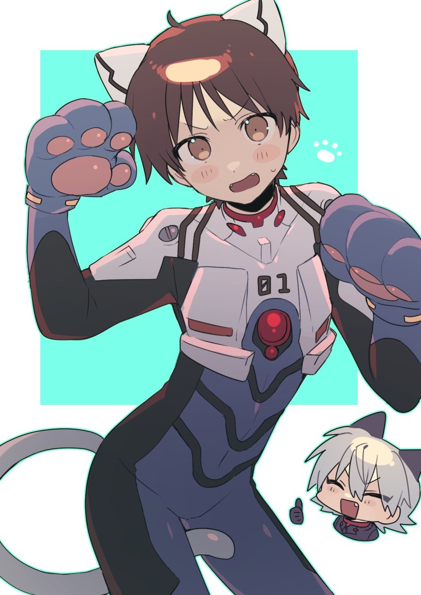 2boys animal_ears animal_hands blush border brown_eyes brown_hair cat_ears cat_paws cat_tail cowboy cowboy_western highres ikari_shinji looking_at_viewer male_focus mecha_pilot_suit multiple_boys nagisa_kaworu neon_genesis_evangelion open_mouth paw_pose plugsuit_(evangelion) shirasunuko standing tail western white_border white_hair