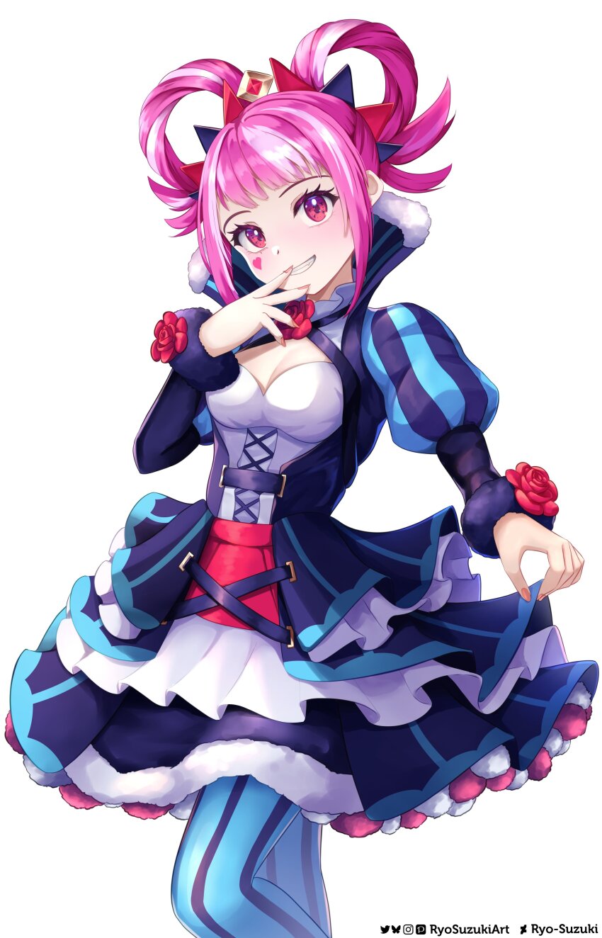 1girl absurdres blunt_bangs breasts cross-laced_clothes dress facial_mark fire_emblem fire_emblem_engage folded_twintails hair_flaps hair_rings heart heart_facial_mark highres hortensia_(fire_emblem) looking_at_viewer multicolored_hair nintendo pink_eyes pink_hair ryo-suzuki sidelocks smile solo striped_clothes striped_dress two-tone_hair vertical-striped_clothes vertical-striped_dress