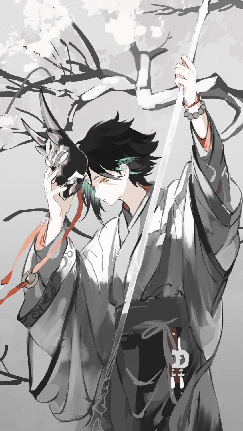 1boy ahoge alternate_costume aqua_hair arms_up bead_bracelet beads black_hair bracelet branch chinese_clothes closed_mouth eyeshadow facial_mark flower forehead_mark genshin_impact grey_background grey_pants grey_ribbon grey_robe grey_sash grey_shirt half-closed_eyes highres holding holding_mask holding_polearm holding_weapon huashengmi jewelry long_sleeves looking_down makeup male_focus mask multicolored_hair oni_mask open_clothes open_robe pants polearm primordial_jade_winged-spear_(genshin_impact) red_eyeshadow ribbon robe sash shirt short_hair sidelocks simple_background solo spear standing two-tone_hair weapon white_flower wide_sleeves xiao_(genshin_impact) yellow_eyes