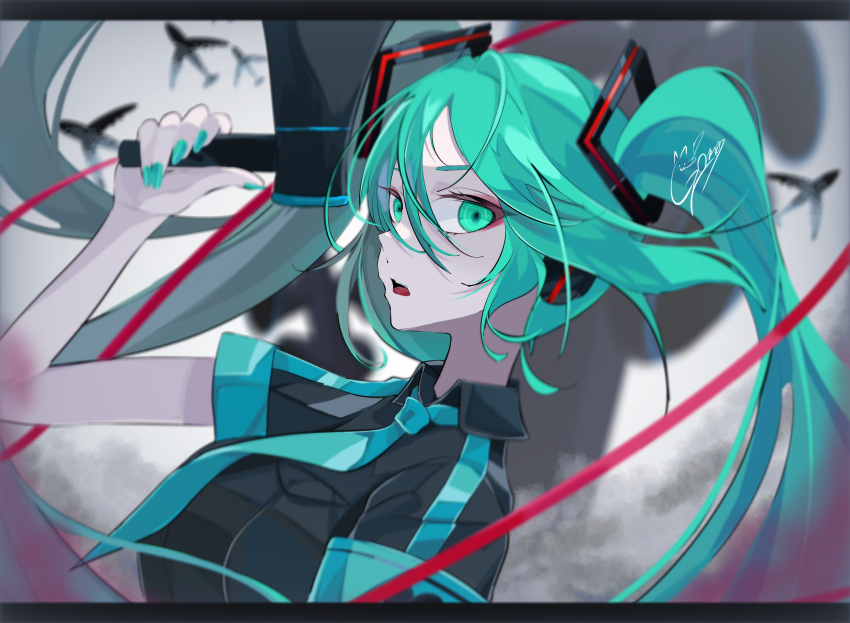 1girl aircraft airplane aqua_eyes aqua_hair blurry blurry_background collared_shirt floating_hair goma_irasuto hair_ornament hatsune_miku headphones highres holding holding_megaphone koi_wa_sensou_(vocaloid) long_hair looking_to_the_side megaphone nail_polish necktie open_mouth shirt short_sleeves solo twintails very_long_hair vocaloid