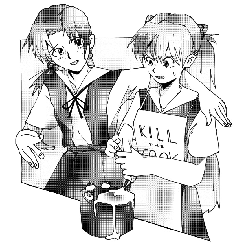 2girls absurdres arm_around_neck baking beads ben-day_dots bow cake commentary ekdsc english_commentary english_text food freckles greyscale hair_beads hair_bow hair_ornament highres horaki_hikari icing long_hair looking_at_another looking_at_food monochrome multiple_girls neon_genesis_evangelion open_mouth pastry_bag school_uniform screentones simple_background souryuu_asuka_langley sweat twintails white_background yuri