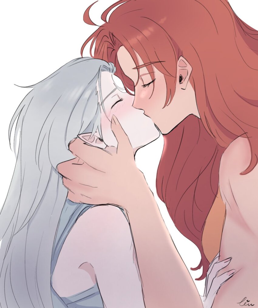 2girls bare_arms blush closed_eyes commentary diana_(league_of_legends) from_side grey_hair grey_tank_top hashtag-only_commentary highres kiss league_of_legends leona_(league_of_legends) long_hair multiple_girls piuuu_(piuulol) pointy_ears profile red_hair signature simple_background tank_top white_background yuri