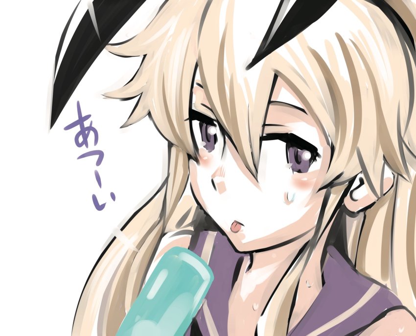 1girl animal_ears blonde_hair commentary_request fake_animal_ears female_focus food grey_eyes hair_between_eyes hairband highres inoue_kousei kantai_collection long_hair looking_at_viewer popsicle rabbit_ears shimakaze_(kancolle) sidelocks solo sweat tongue tongue_out translation_request upper_body