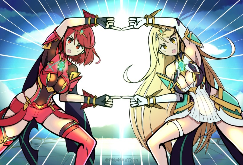 2girls armor bare_shoulders blonde_hair bob_cut breasts cleavage cleavage_cutout clothing_cutout cloud corrupted_metadata covered_navel dragon_ball dress dual_persona earrings elbow_gloves female_focus fingerless_gloves fusion_dance gem gloves glowing hair_ornament headpiece jewelry large_breasts light long_hair matching_hair/eyes multiple_girls mythra_(xenoblade) nintendo open_mouth pantyhose phiphi-au-thon pyra_(xenoblade) red_eyes red_hair red_shorts short_hair shorts shoulder_armor sky swept_bangs the_bar_(tag_team) thigh_strap thighhighs tiara twitter_username very_long_hair wwe xenoblade_chronicles_(series) xenoblade_chronicles_2 yellow_eyes