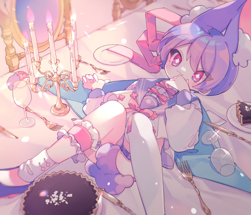 1boy :3 absurdres animal_ear_fluff animal_ears between_legs blush bow bright_pupils candelabra candle candlestand closed_mouth commentary cross-shaped_pupils cup dated_commentary drinking_glass eyes_visible_through_hair fang fang_out fork frilled_calf_strap glint hair_ribbon highres light_particles long_sleeves lying male_focus on_back original ozureiji pink_bow pink_eyes pink_ribbon plate puffy_long_sleeves puffy_sleeves purple_hair purple_sailor_collar purple_shoes rabbit_boy rabbit_ears rabbit_tail ribbon sailor_collar sailor_shirt shirt shoes short_hair skin_fang smile solo symbol-only_commentary symbol-shaped_pupils tail tail_between_legs tassel thigh_strap tsurime white_pupils white_shirt