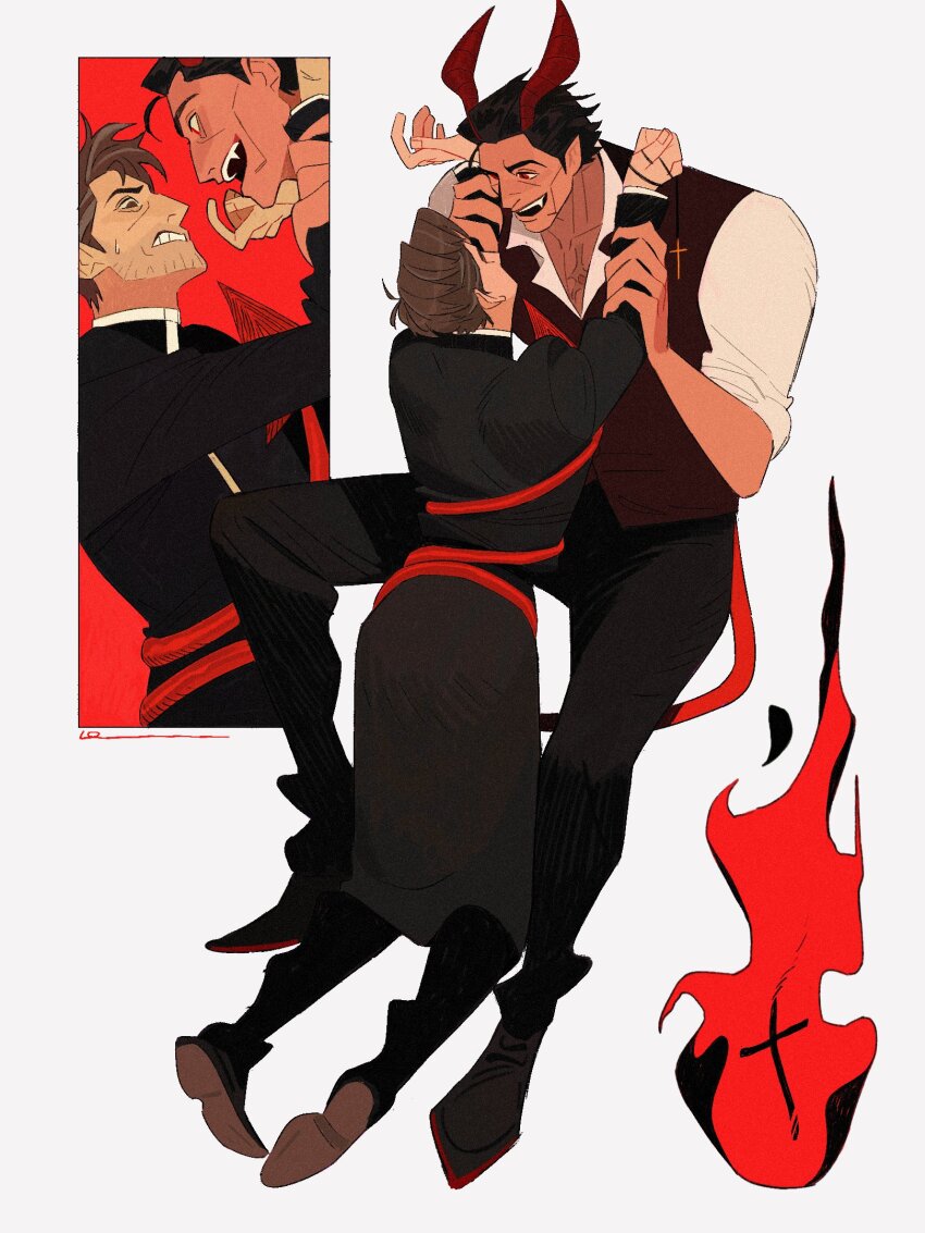 2boys alternate_universe arms_up beard_stubble black_hair black_pants black_robe black_shoes brown_eyes brown_hair clenched_teeth collared_robe collared_shirt demon_boy demon_horns demon_tail dingnin98201637 facial_hair highres horns layered_sleeves male_focus marvel miguel_o&#039;hara multiple_boys open_collar open_mouth pants peter_b_parker pointy_ears popped_collar priest red_eyes red_horns red_vest robe shirt shoes sleeves_rolled_up spider-man:_across_the_spider-verse spider-man_(series) spider-verse stubble tail tail_wrap teeth vest white_background white_shirt