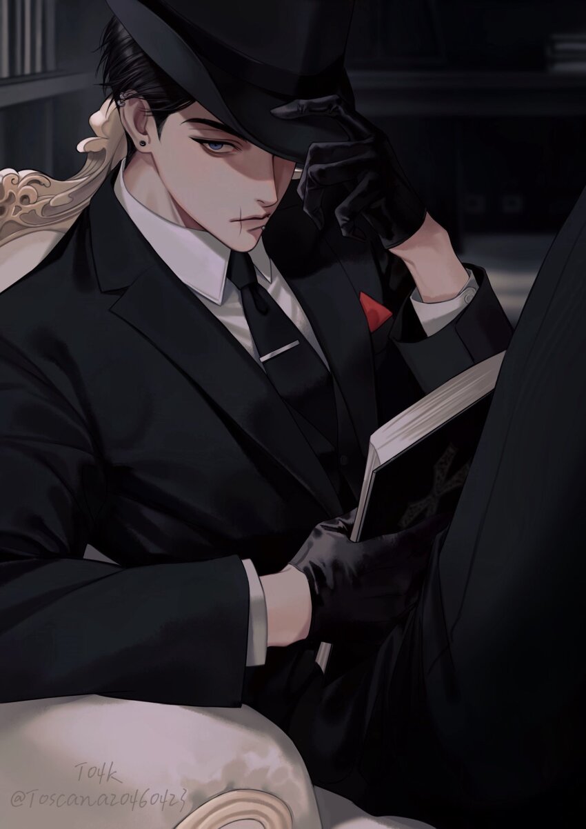 1boy artist_name black_gloves black_hair black_hat black_jacket black_pants blue_eyes blurry blurry_background book closed_mouth ear_piercing earrings gloves hand_on_headwear hat hat_over_one_eye highres holding holding_book jacket jewelry knee_up looking_to_the_side male_focus mouth_piercing on_chair original pants piercing scar scar_on_face scar_on_mouth shirt short_hair sitting solo toscana20460423 twitter_username upper_body white_shirt
