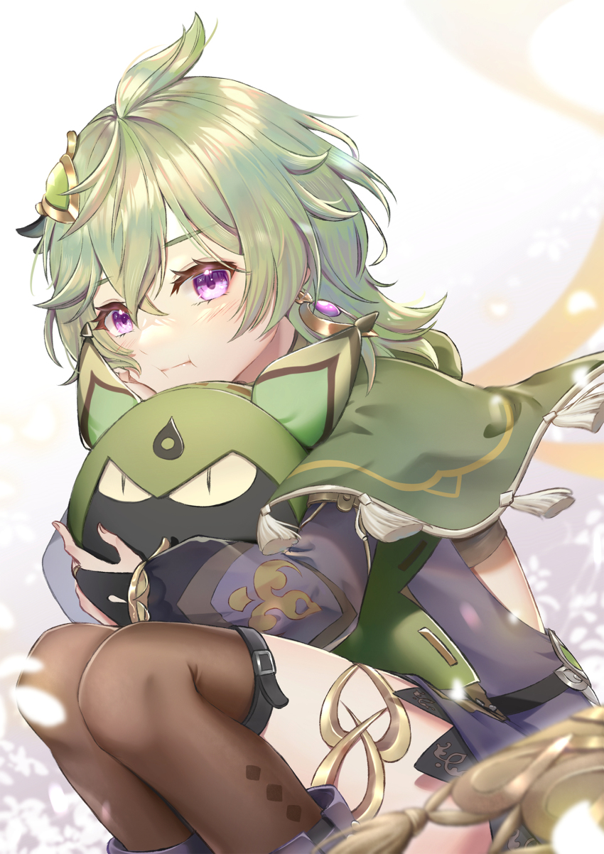 1girl :t black_dress brown_thighhighs cape capelet closed_mouth collei_(genshin_impact) cuilein-anbar_(genshin_impact) dress earrings genshin_impact green_cape green_hair hair_between_eyes hair_ornament highres jewelry kuro_tsubasa long_hair long_sleeves purple_eyes solo thighhighs