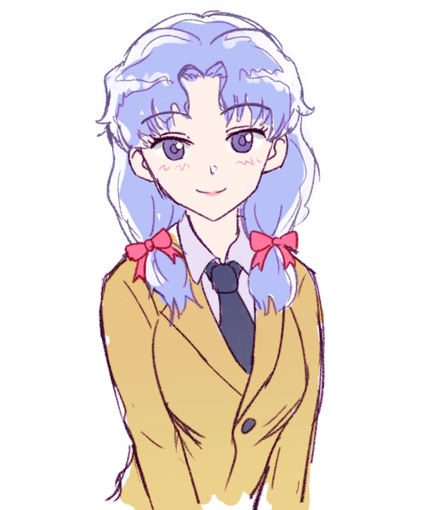 1girl black_necktie blue_hair bow breasts closed_mouth collared_shirt el_hazard grey_shirt hair_bow hair_intakes highres ifurita jacket light_blue_hair long_hair looking_at_viewer low_twintails medium_breasts multiple_hair_bows necktie pink_bow purple_eyes purple_pupils shirt simple_background smile solo split_mouth twintails white_background yellow_jacket zawabug