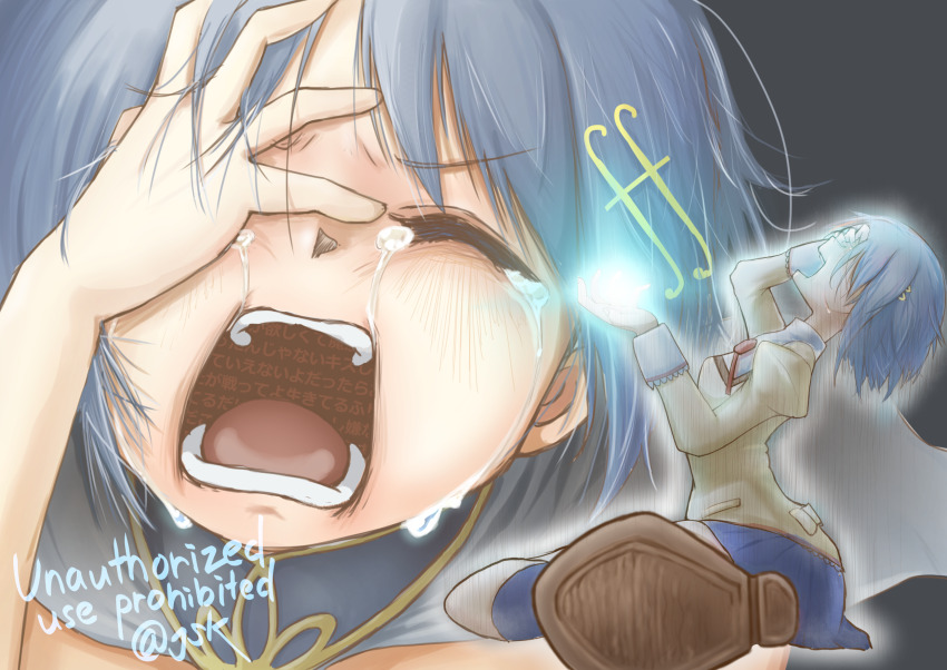 1girl blue_eyes closed_eyes crying highres juudo_ni_seiheki_kojireta_madoka_suki magical_girl mahou_shoujo_madoka_magica medium_hair miki_sayaka miki_sayaka_(magical_girl) mitakihara_school_uniform multiple_views open_mouth school_uniform screaming solo soul_gem tearing_up
