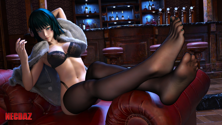 1girl 3d absurdres alcohol arm_behind_back arm_up artist_name bar_(place) bar_stool black_bra blush bra breasts brown_thighhighs closed_mouth couch crossed_ankles eyelashes feet feet_up foot_focus foreshortening fubuki_(one-punch_man) full_body fur_jacket green_eyes green_nails grey_jacket hand_up highleg highleg_panties highres indoors jacket lace lace_bra legs lingerie lips looking_at_viewer medium_breasts medium_hair nail_polish navel necdaz91 no_shoes on_couch one-punch_man open_clothes open_jacket panties sitting soles solo stool thighhighs toenail_polish toenails toes underwear underwear_only