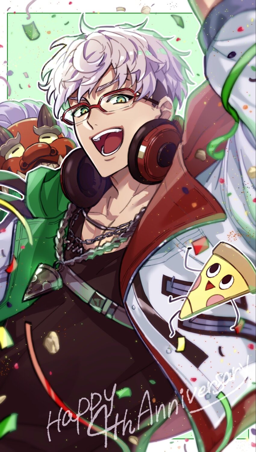1boy :d anniversary arm_up arurandeisu black_shirt border chain chain_necklace cm10th collarbone confetti food food-themed_necklace glasses green_background green_eyes green_jacket grey_hair headphones headphones_around_neck highres holostars jacket jewelry light_particles lion_dance long_sleeves looking_at_viewer male_focus multicolored_jacket necklace open_mouth outside_border pizza pizza-kun_(arurandeisu) red-framed_eyewear red_jacket shirt shishimai short_hair smile solo streamers teeth two-sided_fabric two-sided_jacket undercut upper_body virtual_youtuber white_border white_jacket wispy_bangs