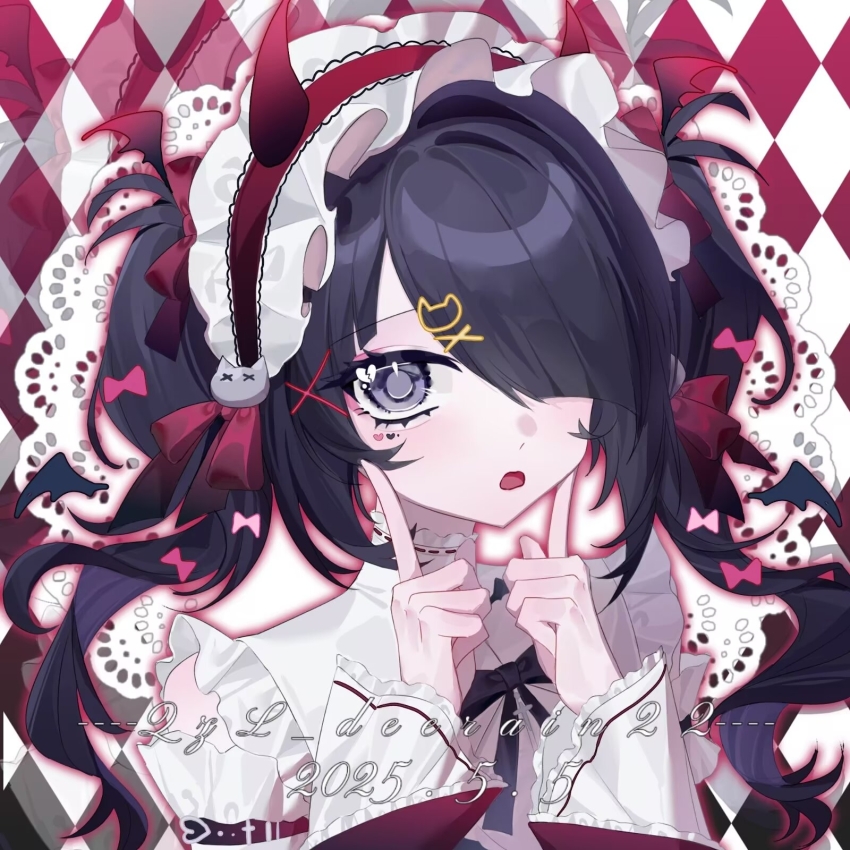 1girl ame-chan_(needy_girl_overdose) argyle_background black_eyes bow collar dated demon_horns detached_sleeves frilled_collar frilled_sleeves frills ghost_hair_ornament hair_bow hair_ornament hair_over_one_eye highres horns lace looking_at_viewer maid_headdress multiple_hair_bows neck_ribbon needy_girl_overdose pointing pointing_up ribbon short_twintails shoulder_belt sidelocks solo twintails upper_body x_hair_ornament xi69386500