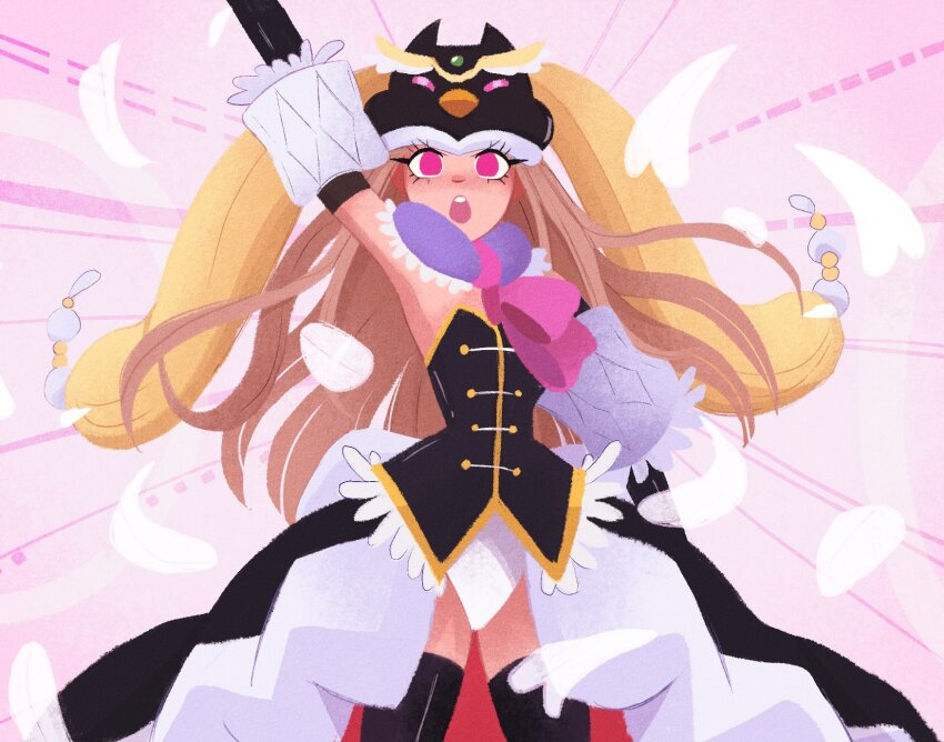 1girl :o arm_at_side arm_up black_boots black_shirt boots cowboy_shot detached_sleeves emmyluvscookies emphasis_lines eyelashes film_grain flat_chest floating_hair gold_trim gradient_background hat highleg highleg_leotard highres leotard leotard_under_clothes long_hair mawaru_penguindrum no_lineart no_pupils penguin_hat pink_background pink_eyes princess_of_the_crystal puffy_short_sleeves puffy_sleeves shirt short_sleeves showgirl_skirt solo strapless strapless_shirt teeth thigh_boots upper_teeth_only v-shaped_eyebrows white_leotard white_sleeves