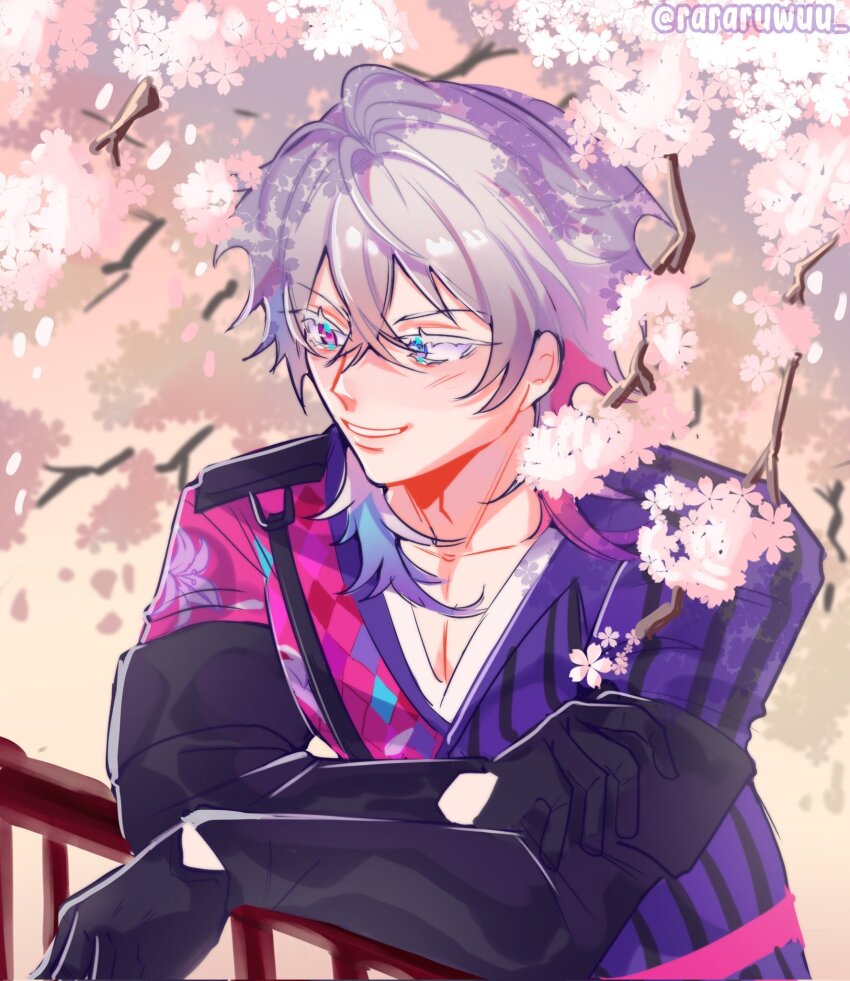 1boy against_railing argyle_clothes argyle_coat bishounen black_gloves blue_eyes blue_hair branch cherry_blossoms coat colored_eyelashes commentary crossed_arms english_commentary floral_print flower gavis_bettel gavis_bettel_(1st_costume) gloves grey_hair hair_between_eyes heterochromia highres holostars holostars_english lily_print long_sleeves looking_at_viewer male_focus medium_hair multicolored_coat multicolored_hair outdoors pink_eyes pink_flower pink_hair railing rararuwuu simple_background smile solo striped_coat twitter_username upper_body vertical-striped_coat virtual_youtuber