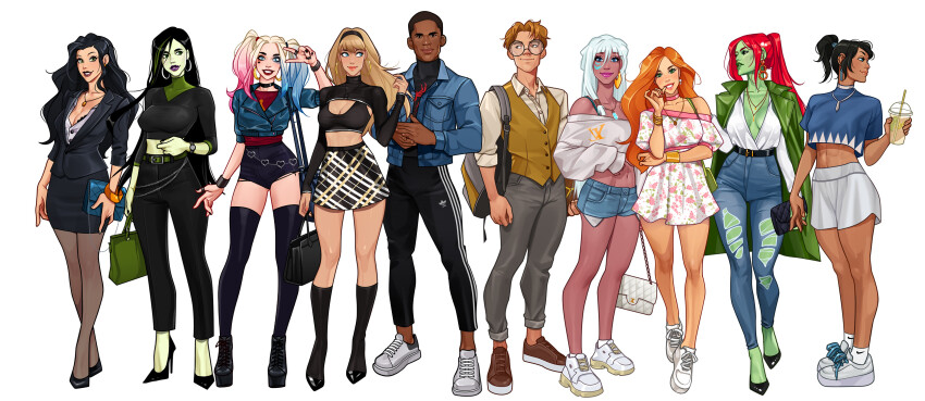 2boys 6+girls abs absurdres adidas alternate_costume asami_sato atlantis:_the_lost_empire avatar_legends batman_(series) black_hair black_hairband black_nails black_thighhighs blonde_hair blue_eyes blue_hair blue_jacket bracelet breasts brown_hair choker cleavage contemporary crop_top crop_top_overhang cutoffs dark-skinned_male dark_skin dc_comics dress earrings glasses green_eyes green_jacket green_lips gwen_stacy hairband harley_quinn high_heels highres hoop_earrings jacket jacket_on_shoulders jewelry kidagakash kim_possible kim_possible_(series) korra long_hair looking_at_viewer medium_breasts miles_morales milo_james_thatch multicolored_hair multiple_boys multiple_girls multiple_rings nail_polish navel necklace olena_minko open_clothes open_jacket orange_hair pants pantyhose parted_lips pencil_skirt pink_hair poison_ivy ponytail purple_lips red_hair ring shego short_hair simple_background skirt the_legend_of_korra thighhighs torn_clothes torn_pants track_pants twintails v very_long_hair vest watch white_background white_hair wristwatch