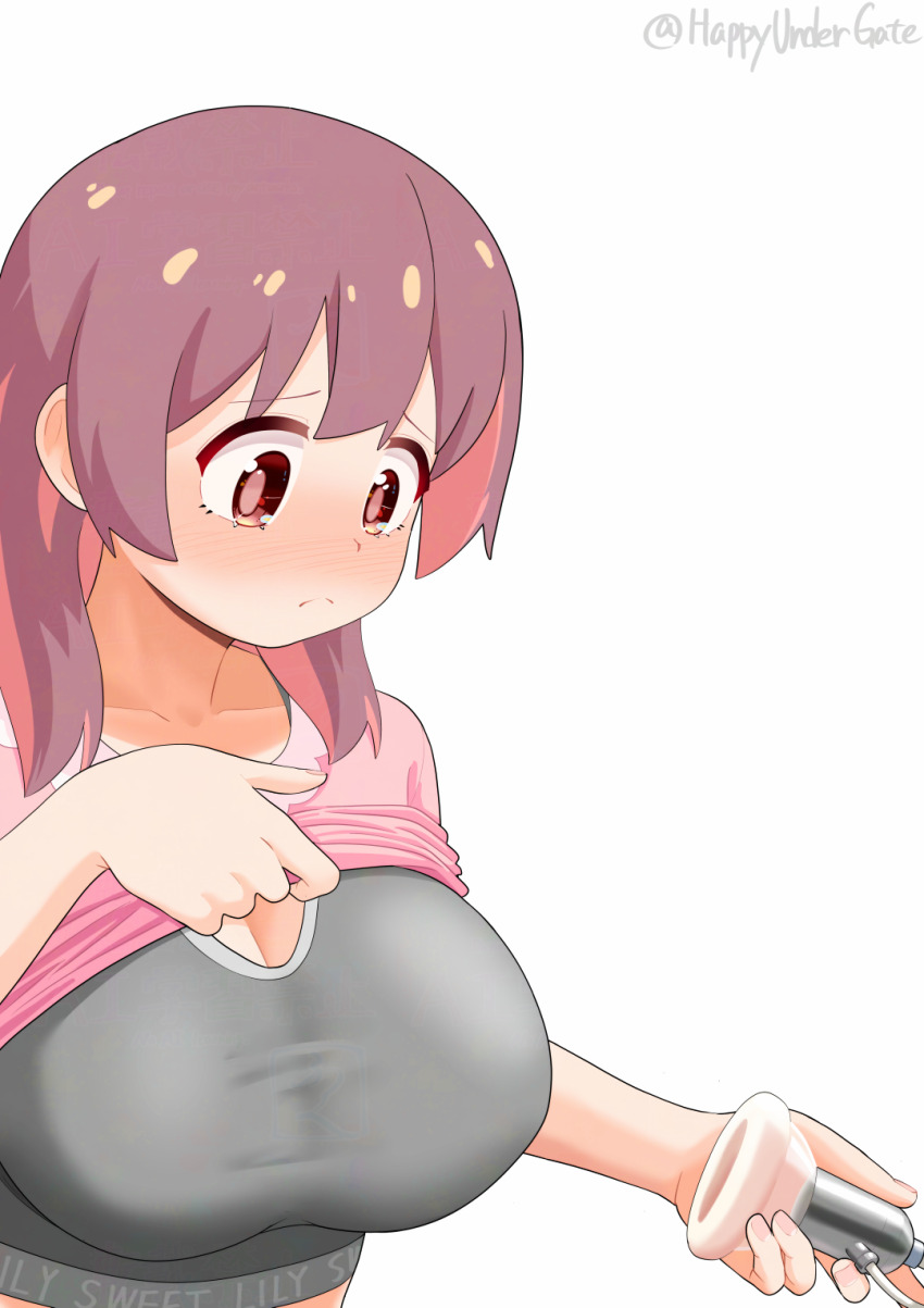 1girl artist_name blush bra breast_pump breasts brown_hair clothes_lift collarbone commentary frown grey_bra hair_down happyundergate highres large_breasts lifting_own_clothes long_hair milking_machine multicolored_hair murosaki_miyo nose_blush onii-chan_wa_oshimai! paid_reward_available pink_shirt red_eyes red_hair shirt shirt_lift simple_background solo taut_clothes twitter_username two-tone_hair underwear upper_body white_background