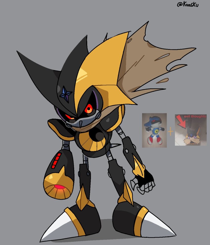 1boy arm_cannon armor bass.exe_(mega_man) bass.exe_(mega_man)_(cosplay) black_armor black_helmet brown_cloak cloak cosplay full_body grey_background helmet highres koasku male_focus mega_man_(series) mega_man_battle_network_(series) metal_sonic robot simple_background solo sonic_(series) weapon