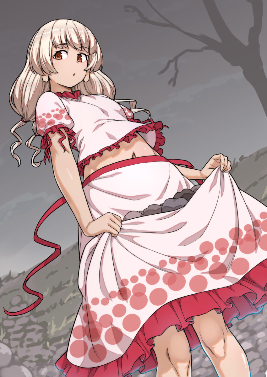 1girl bare_tree brown_eyes clothes_pull commentary_request ebisu_eika frilled_skirt frills grey_sky highres kakone long_earlobes looking_at_viewer medium_hair midriff navel outdoors pulling_own_clothes shirt short_sleeves skirt skirt_pull skirt_set sky solo stone touhou tree white_hair white_shirt white_skirt