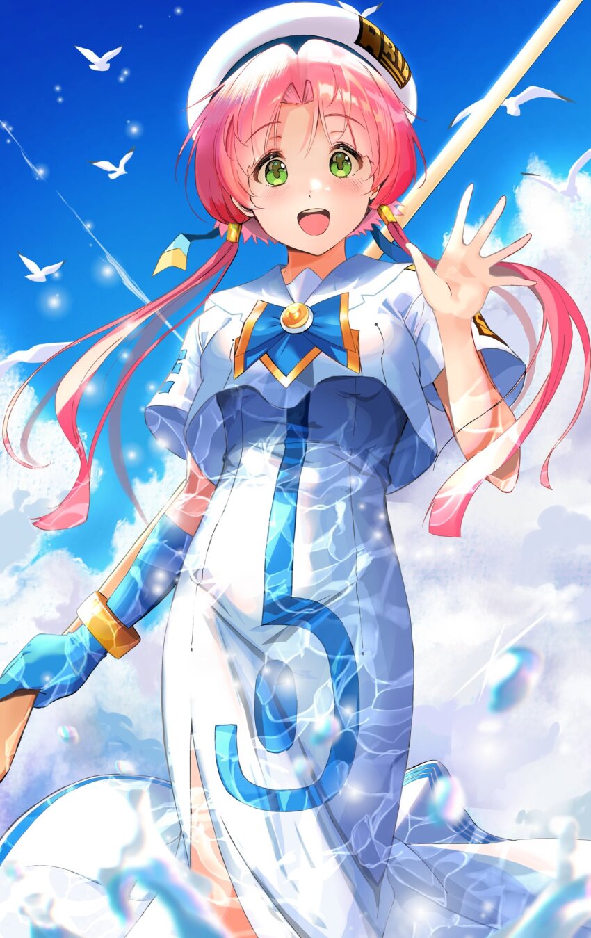 1girl :d andanden aria_(manga) aria_company_uniform beret bird blue_bow blue_bowtie blue_gloves blue_sky blush bow bowtie bracelet breasts cloud cloudy_sky cowboy_shot day dress eyelashes feet_out_of_frame fingerless_gloves gloves gold_bracelet gold_trim green_eyes hair_tubes hand_up hat hat_ribbon highres holding holding_oar impossible_clothes impossible_dress jewelry looking_at_viewer mizunashi_akari oar open_mouth outdoors parted_bangs pink_hair revision ribbon sailor_collar seagull short_hair_with_long_locks short_sleeves side_slit single_glove sky small_breasts smile solo splashing teeth upper_teeth_only waving white_dress white_hat