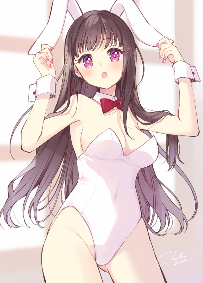 1girl animal_ears bow bowtie breasts brown_hair commentary detached_collar fake_animal_ears gluteal_fold hazuki_natsu highres leotard long_hair looking_at_viewer nail_polish open_mouth original pink_nails purple_eyes rabbit_ears red_bow red_bowtie signature solo standing strapless strapless_leotard white_leotard wrist_cuffs