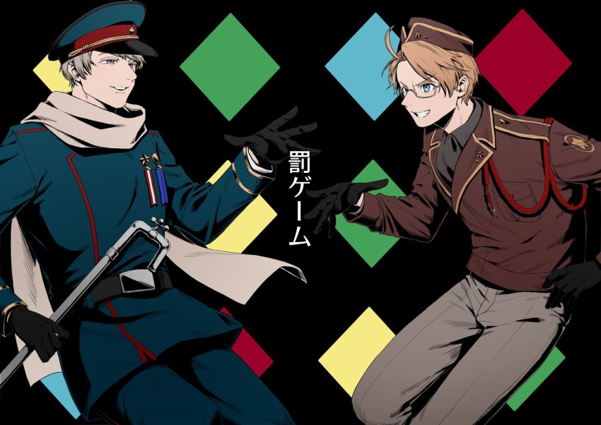 2boys ahoge america_(hetalia) argyle_background ascot axis_powers_hetalia belt black_ascot black_background black_belt black_gloves black_shirt blonde_hair blue_eyes blue_hat blue_jacket blue_pants breast_pocket brown_hat brown_jacket collared_shirt cowboy_shot glasses gloves grey-framed_eyewear grey_hair grey_pants hand_on_own_hip hand_up hat hat_ornament highres holding holding_lead_pipe jacket lapels lead_pipe long_sleeves looking_at_another male_focus medal military_hat military_jacket military_uniform multiple_boys nasubiggest open_mouth pants pocket purple_eyes russia_(hetalia) scarf semi-rimless_eyewear shirt short_hair smile standing star_(symbol) star_hat_ornament star_ornament star_print teeth translation_request v-shaped_eyebrows white_scarf