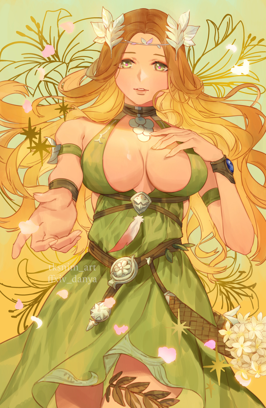 1girl absurdres armband artist_name bare_shoulders belt breasts circlet cleavage_cutout clothing_cutout collarbone cowboy_shot dress final_fantasy final_fantasy_xiv flower green_background green_dress green_eyes hair_ornament hand_on_own_chest highres large_breasts leaf_hair_ornament long_hair looking_at_viewer nophica orange_hair parted_lips petals pink_pupils reaching reaching_towards_viewer sleeveless solo tk_(tksnim) wavy_hair wristband