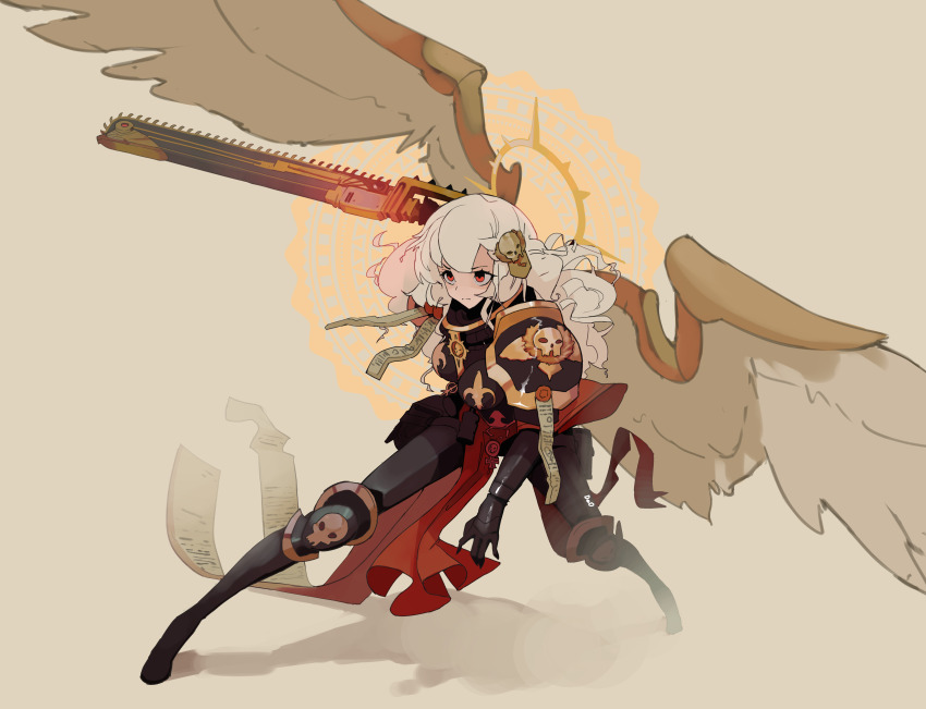 1girl absurdres adepta_sororitas alpha_(alpha_1918) arm_up armor black_bodysuit bodysuit boots breasts cape chainsword deo_artist fantasy feathered_wings fighting_stance fleur-de-lis halo highres holding holding_sword holding_weapon large_breasts long_hair looking_to_the_side original over_shoulder pauldrons pelvic_curtain power_armor purity_seal red_cape red_eyes shadow shoulder_armor simple_background skull skull_ornament solo sword toon_(style) warhammer_40k warhammer_fantasy wavy_hair weapon weapon_over_shoulder white_hair wings
