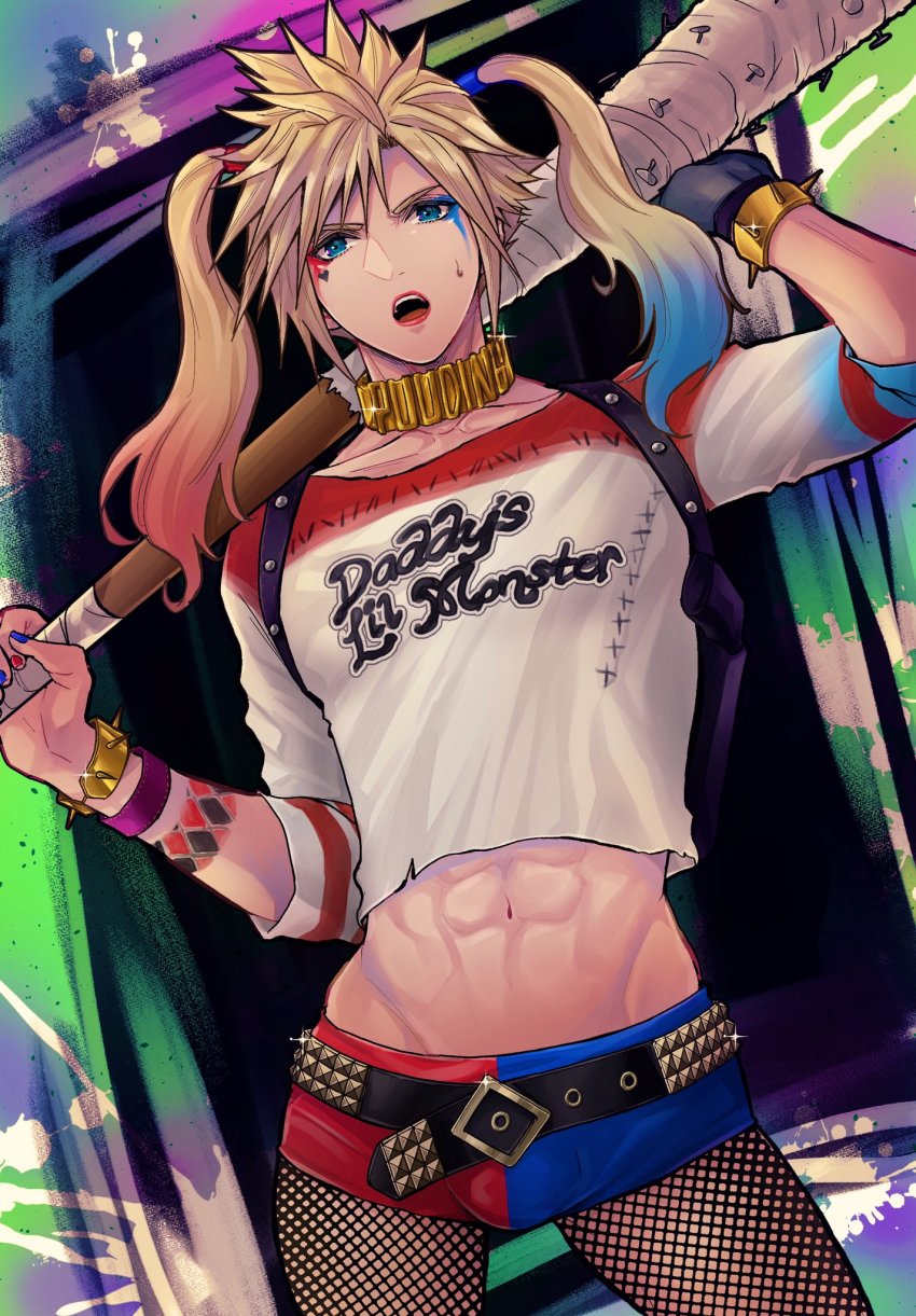 1boy abs baseball_bat batman_(series) beckey9415 belt black_belt blonde_hair blue_eyes blue_nails blue_shirt blue_shorts bulge clothes_writing cloud_strife club_(weapon) collarbone commentary contrapposto cosplay cowboy_shot crossdressing dc_comics final_fantasy final_fantasy_vii fishnet_pantyhose fishnets harley_quinn harley_quinn_(cosplay) highres holding holding_weapon holster long_hair looking_at_viewer male_focus midriff multicolored_shirt nail nail_(hardware) nail_bat nail_polish navel open_mouth over_shoulder pantyhose print_shirt red_nails red_shirt red_shorts shirt shorts shoulder_holster solo spiked_hair standing twintails weapon weapon_over_shoulder white_shirt