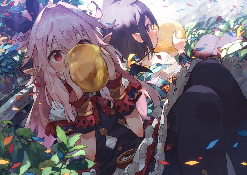 2girls animal_ears balloon blush bow bowtie closed_mouth commentary_request confetti grass hair_bow hair_ornament hairband highres holding long_sleeves looking_at_viewer looking_back mano_(narumi_arata) multiple_girls narumi_arata original outdoors pink_hair pointy_ears purple_eyes recri_(narumi_arata) red_eyes red_neckwear red_skirt revision short_hair short_sleeves sitting skirt vest