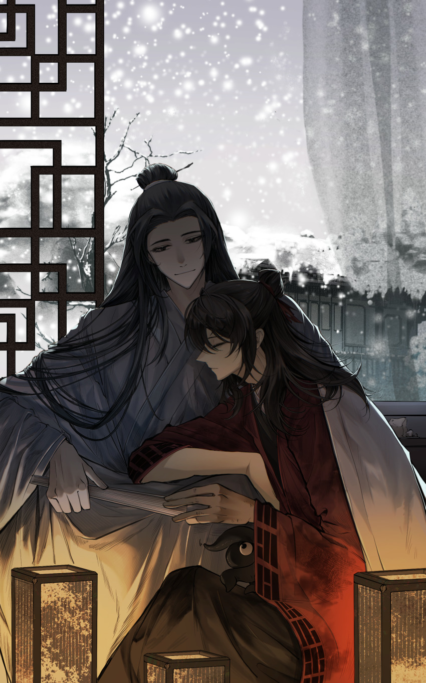 2boys absurdres architecture artist_request bishounen black_hair black_hanfu chinese_clothes chinese_commentary closed_eyes closed_mouth coat commission curtains dao_gui_yi_xian east_asian_architecture eyeball folded_fan folding_fan hair_bun hair_ornament hair_ribbon hair_stick half_updo hand_fan hanfu highres holding holding_fan indoors lantern lattice li_huowang long_hair long_sleeves looking_at_another looking_down male_focus multiple_boys profile red_coat red_ribbon ribbon robe second-party_source shade sidelocks single_hair_bun sitting sleeping snow snowing tentacles tree white_hanfu wide_sleeves window yaoi zhuge_yuan