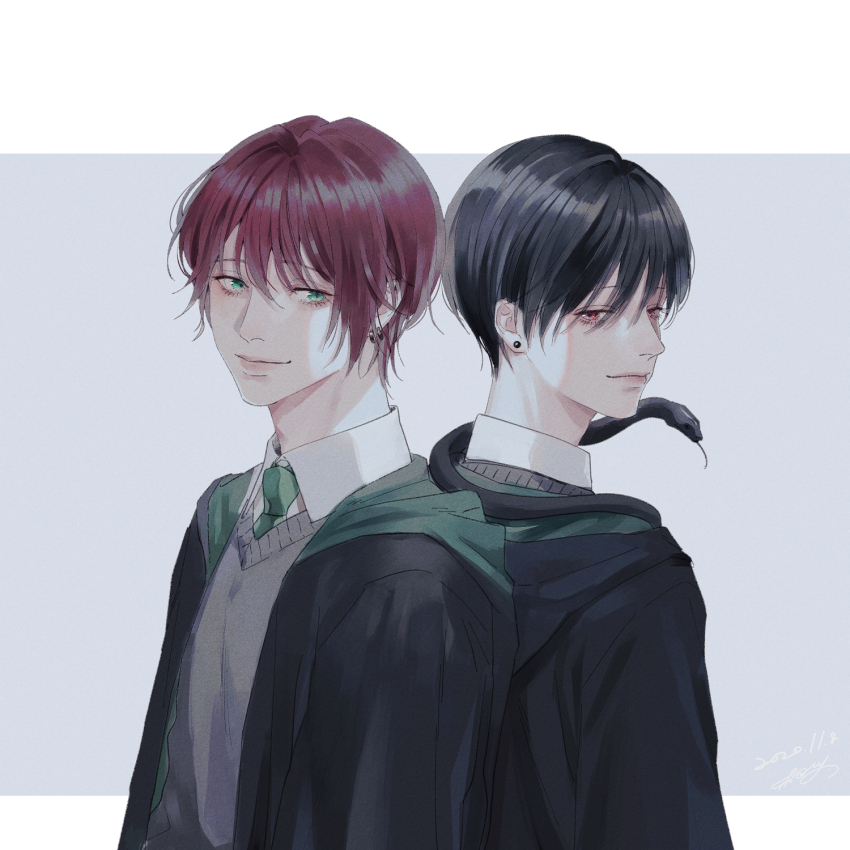 2boys back-to-back black_hair black_robe collared_shirt commission eyelashes green_eyes green_necktie highres hogwarts_school_uniform kurosujuu male_focus multiple_boys necktie original red_eyes red_hair robe school_uniform shirt short_hair skeb_commission slytherin snake white_shirt wizarding_world