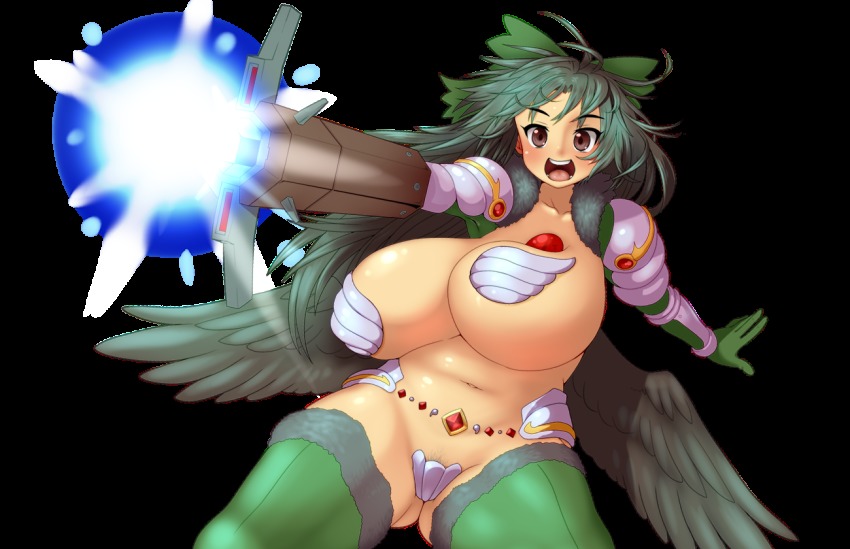 1girl :d arm_cannon armor belly blue_hair blush bouncing_breasts bow breasts brown_eyes curvy d.koutya female_focus female_pubic_hair hair_bow huge_breasts long_hair looking_at_viewer navel open_mouth pasties plump pubic_hair reiuji_utsuho reverse_bikini_armor reverse_outfit round_teeth smile solo teeth thick_thighs thighhighs thighs third_eye touhou transparent_background weapon wings