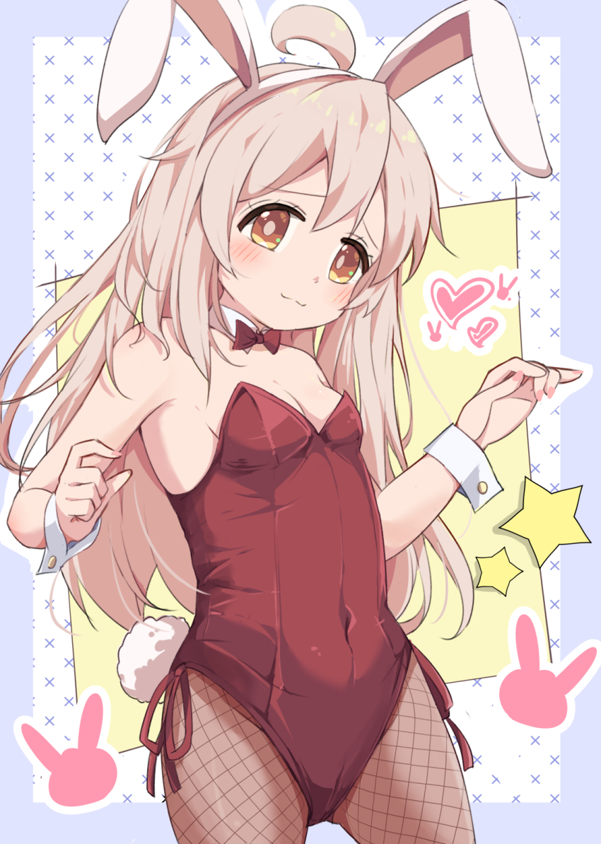 1girl ahoge animal_ear_hairband animal_ears bow bowtie breasts brown_eyes closed_mouth commentary_request cowboy_shot detached_collar fake_animal_ears fake_tail fishnet_pantyhose fishnets grey_hair hairband heart highleg highleg_leotard highres kazura leotard long_hair onii-chan_wa_oshimai! oyama_mahiro pantyhose playboy_bunny rabbit_ear_hairband rabbit_ears rabbit_tail red_bow red_bowtie red_leotard side-tie_leotard small_breasts solo star_(symbol) strapless strapless_leotard tail wrist_cuffs